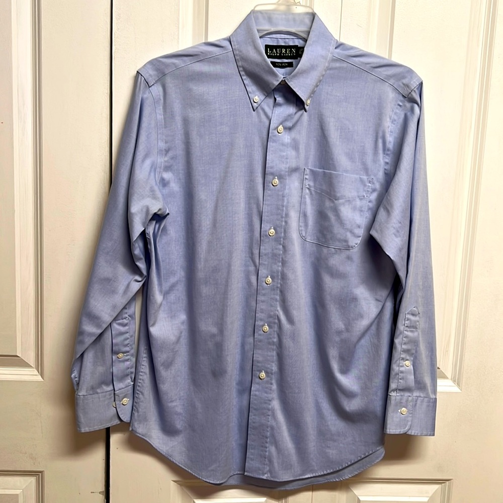 Ralph Lauren Blue Cotton Non Iron Long Sleeve Pocket Dress Shirt Size 15.50